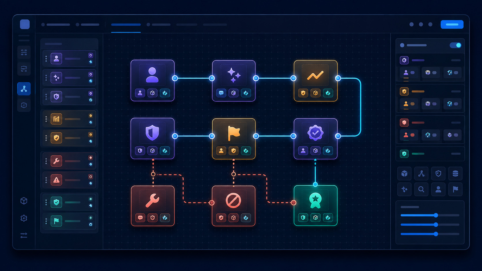 Workflow workbench showing connected configuration objects and execution states.