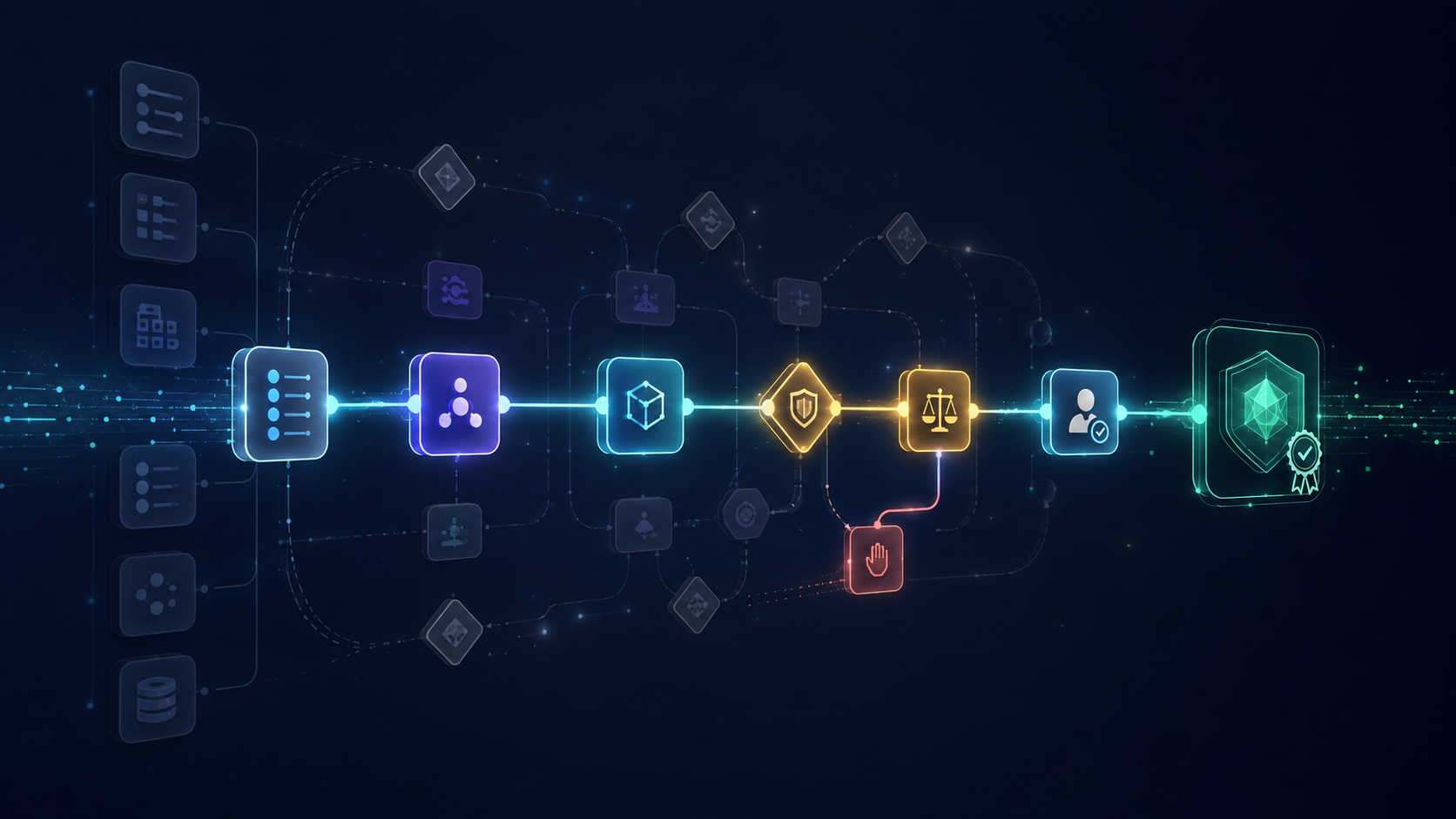 Agent workflow graphic showing a request, proposal, policy gate, evaluation, human approval, commit proof and blocked remediation branch.