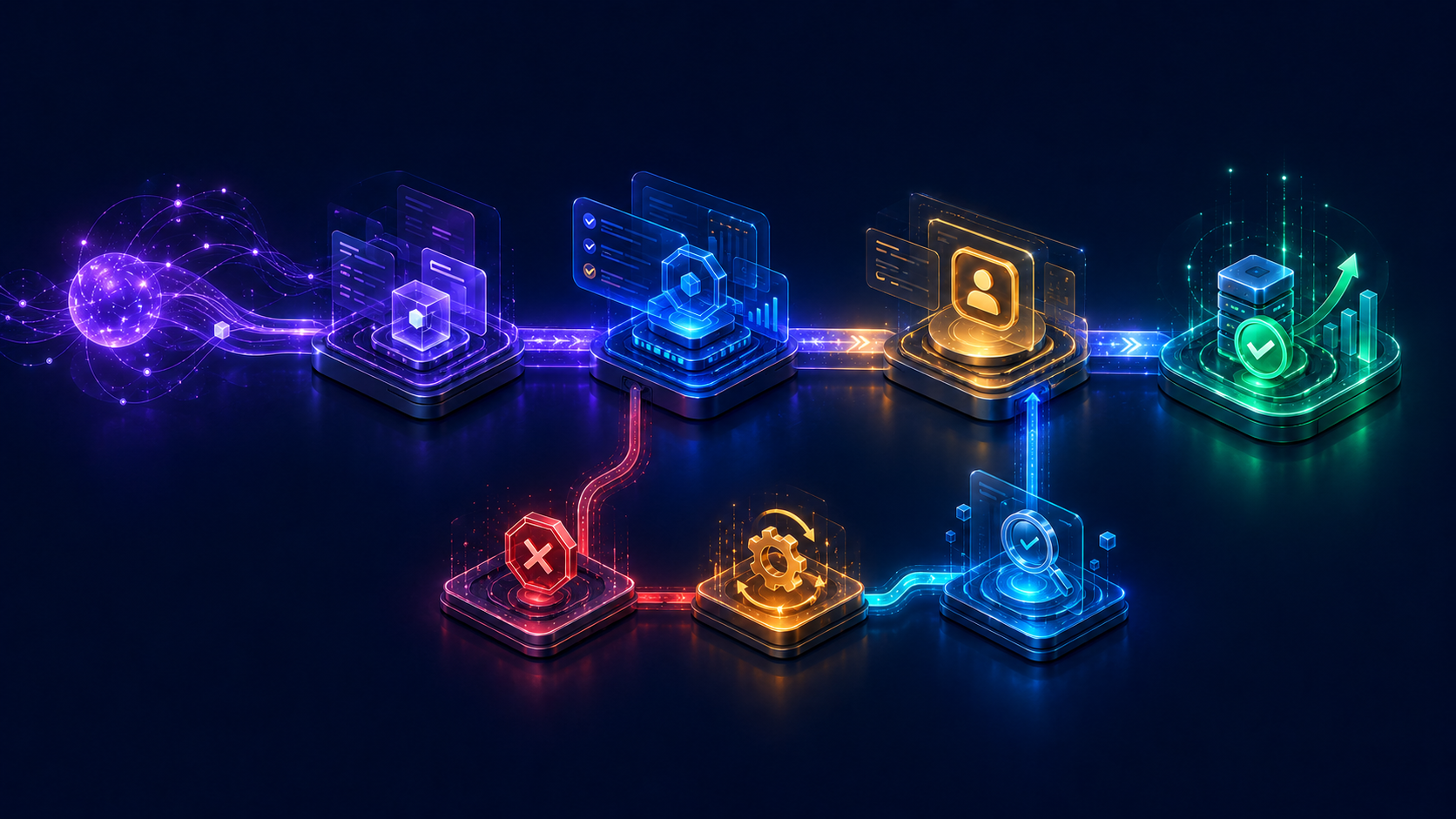 A proposed AI action moves through preparation, evaluation and approval toward commit, with a blocked remediation branch.