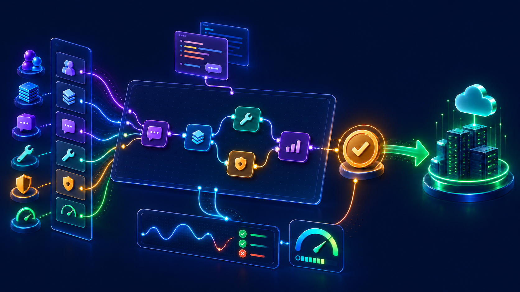 Graphical development surface connecting registry, prompt, workflow testing, approval and promotion into production.