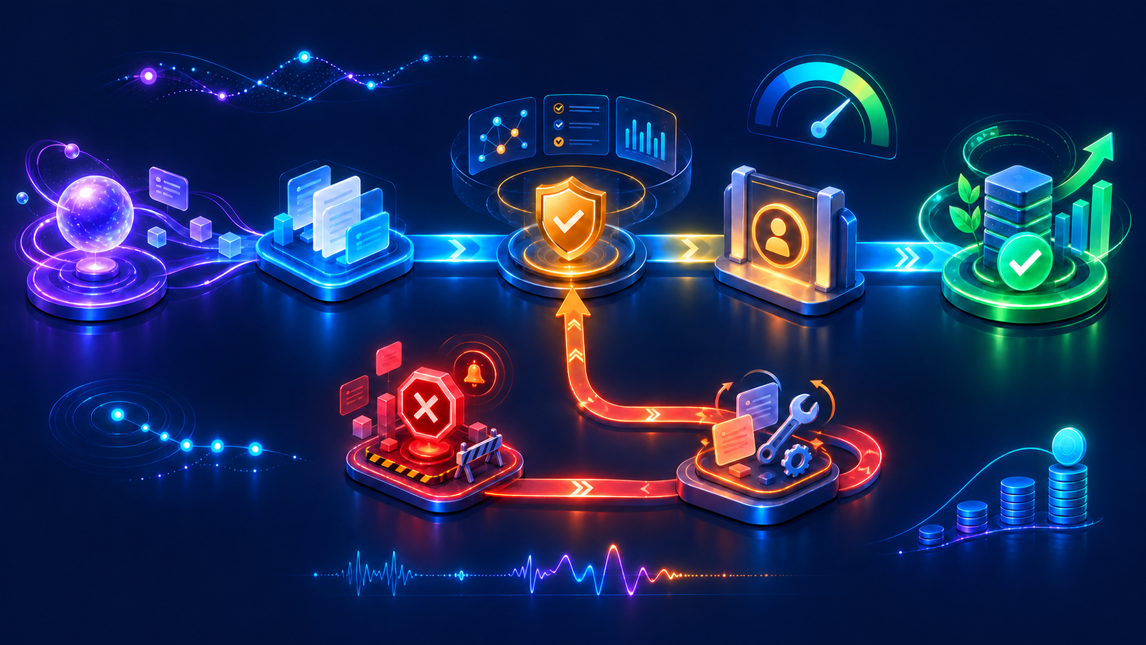 An authorised production execution path with a coral exception route that blocks, remediates and returns to evaluation.