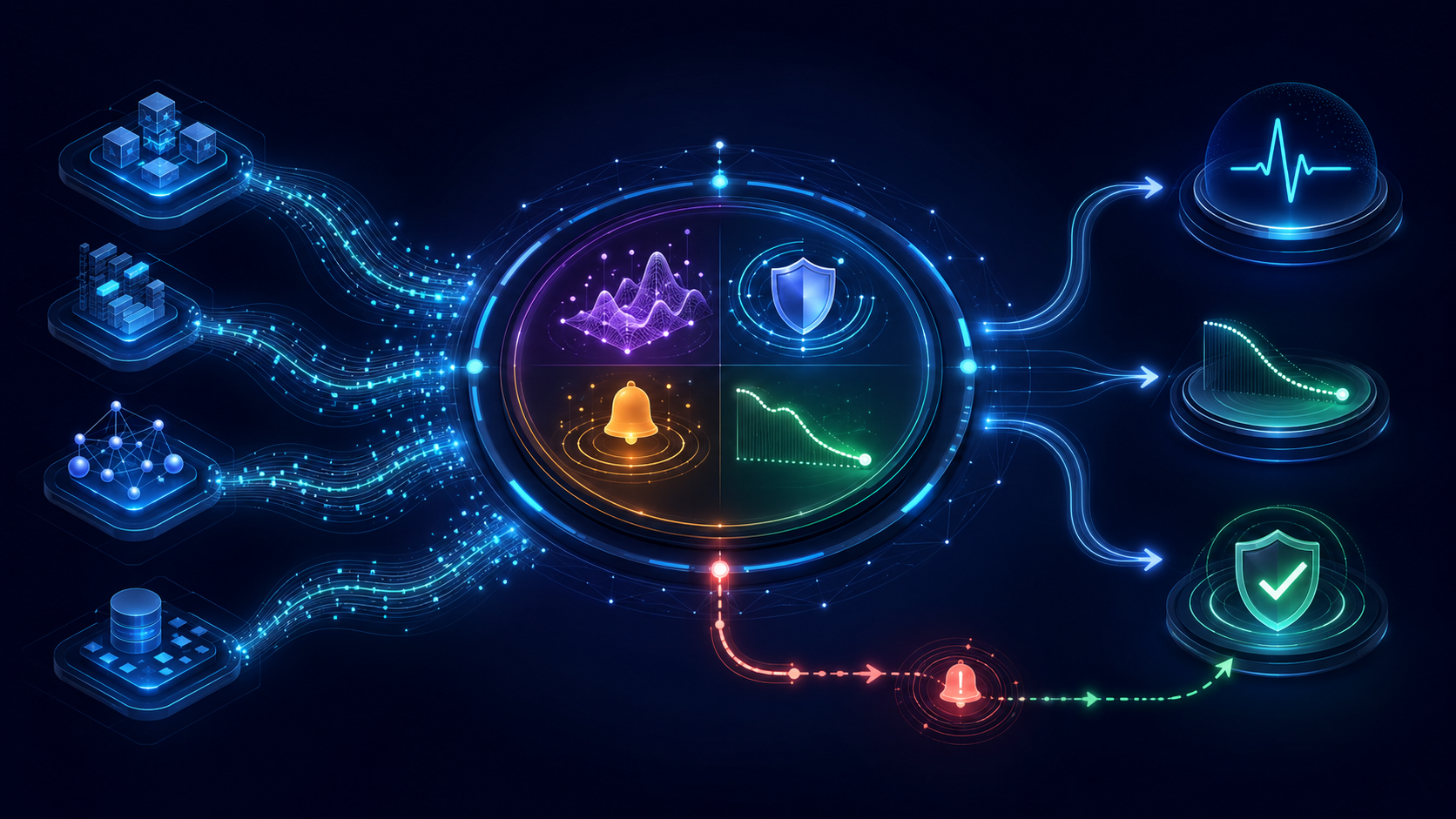 Multiple production workflow streams feed a correlated operating view with quality, reliability, alerting and cost signals.