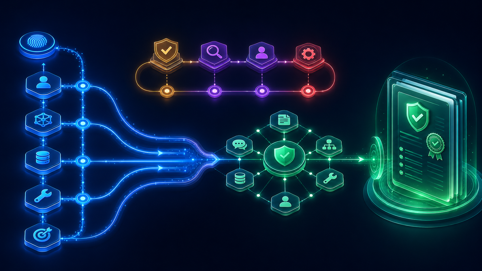 Execution and governance traces converge into an Evidence Graph and verified record for a production workflow instance.